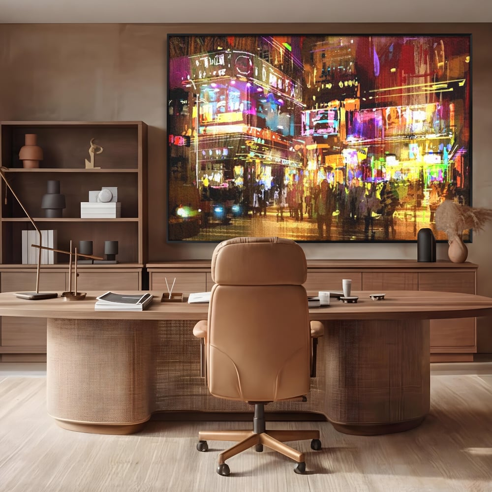 Tablou canvas cu pictura stradala urbana in neon, in rama de aluminiu negru, pe perete intr-un birou